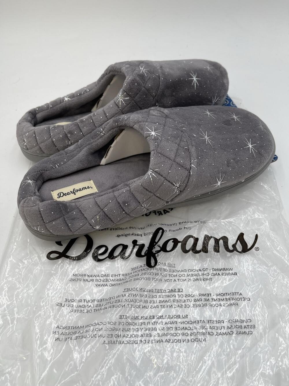 Dearfoams Slippers Womens Gray Star Velour Memory Foam House Cozy Size 11.5 W